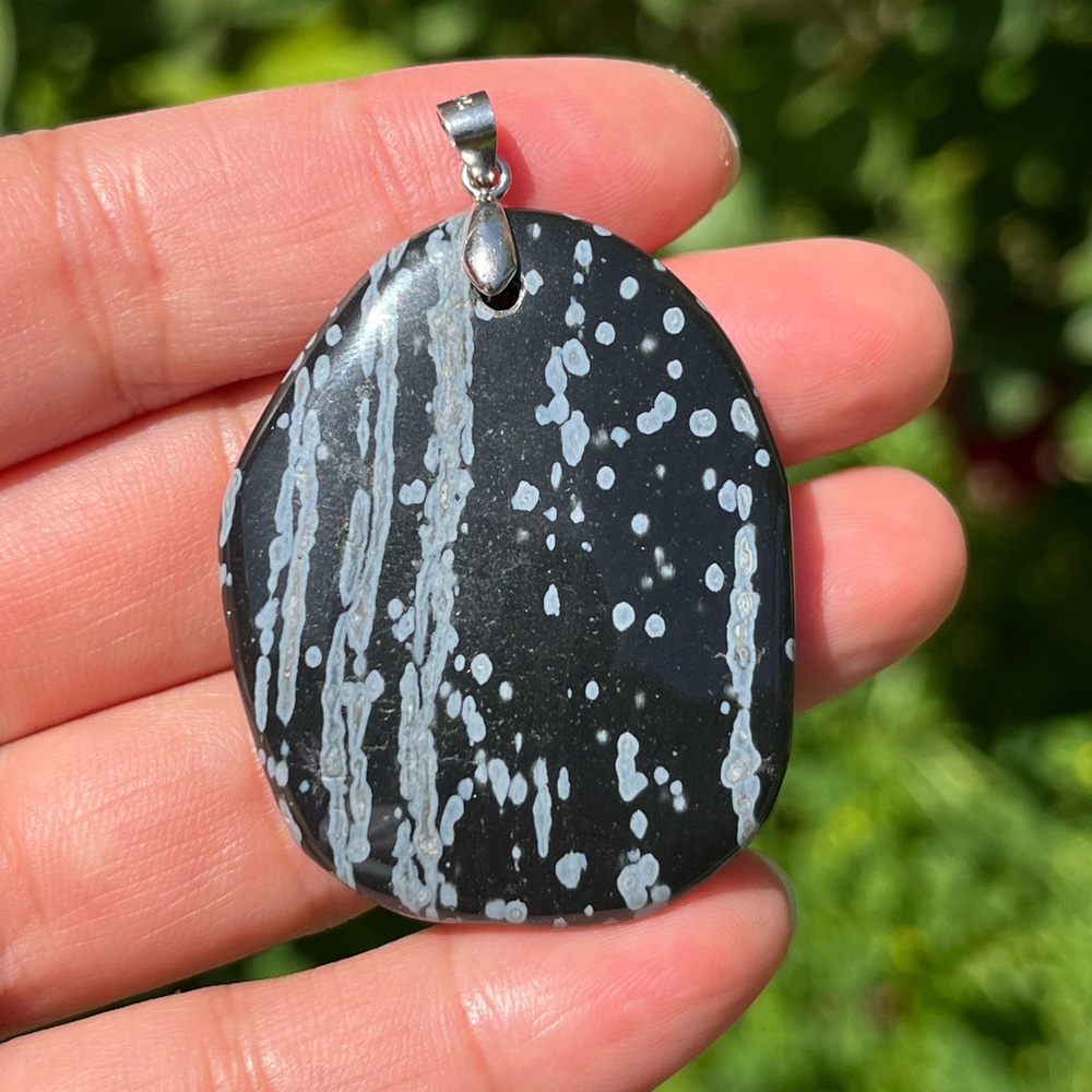 Silver plated freeform snowflake obsidian pendant